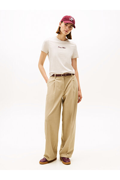 Tommy Hilfiger Tommy Hilfiger Women Heather Oatmilk Short Sleeve Crew Neck Classic Script Regular Fit T-Shirt