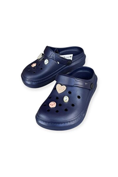 AkınalBella Navy Blue Flat Sole Stone Closed Slipper Sandals