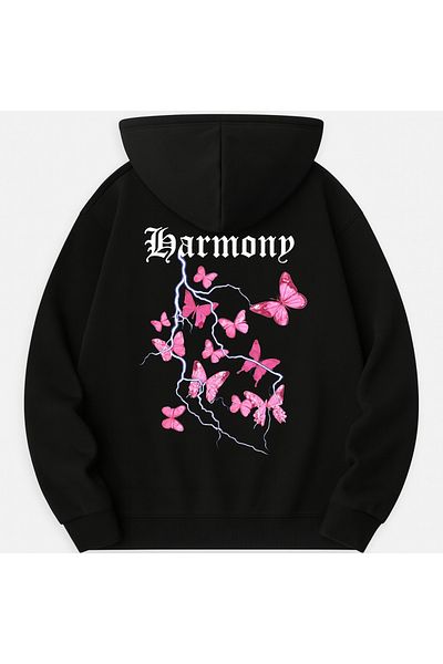 CLASSY.MODA Oversize 3 Thread Hooded Harmony Butterfly Printed Unisex Sweatshirt