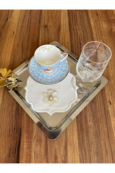 NURHAN HOME COLLECTION 6 Adet Gold Papatya Broşlu Ekru Nakışlı Kahve Yanı Kokteyl Sunum Peçetesi