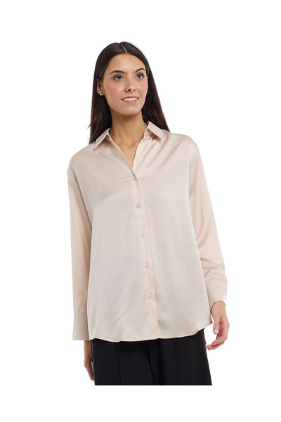 R&B قميص ساتان سادة بياقة كلاسيكية وأكمام طويلة