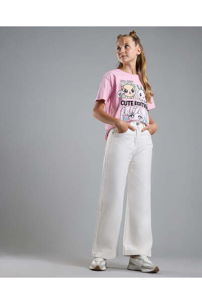 R&B بنطال جينز سادة واسع الساق مع أزرار للإغلاق