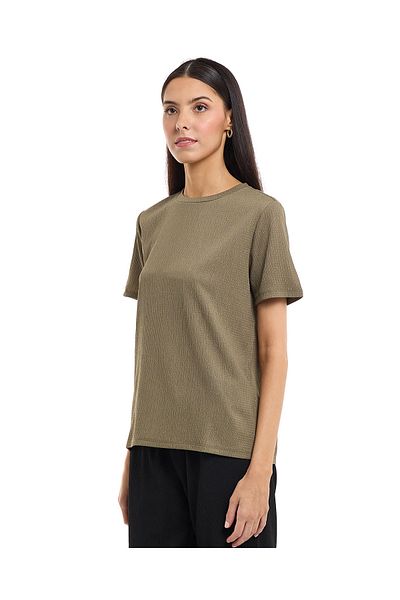 R&B Textured Knit Top with Crew Neck and Short Sleeves