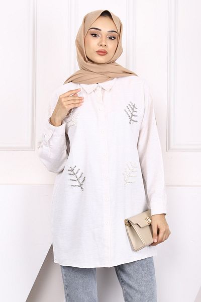 İmajButik Cream Pearl Detailed Tunic