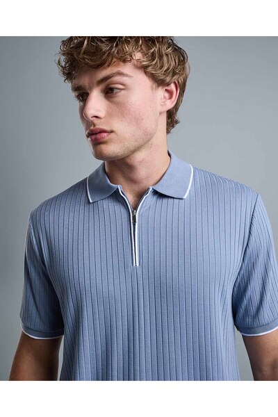 R&B Ribbed Polo T-Shirt with Shirt Collar and Short Sleeves