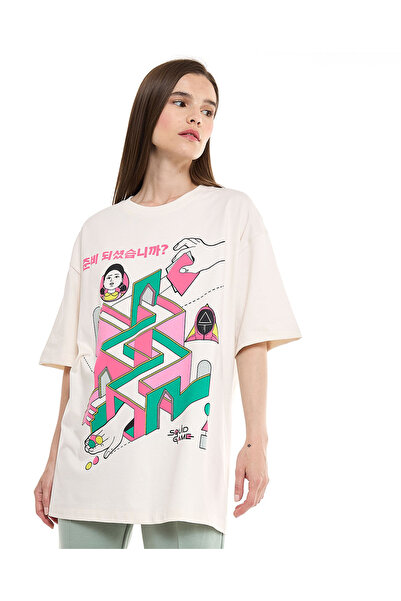 R&B Graphic Print Oversized T-Shirt with Crew Neck and Short Sleeves