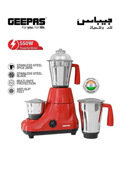 Geepas 3-In-1 Mixer Grinder With Stainless Steel Jar Set 750 W GSB5081 Red/Black