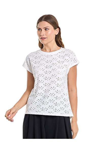 R&B Openwork Top with Crew Neck and Short Sleeves