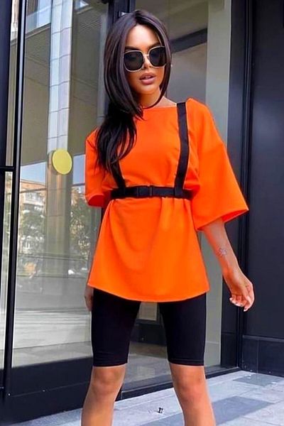 FashionForYou Cibyl sports suit, long t-shirt with harness and short tights, Orange, M