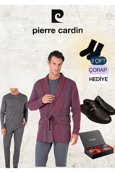 Pierre Cardin Men's 100% Cotton Robdöşambr & Long Sleeve Combed Cotton Pajama Set & Leather Slippers & Belt Wallet Set