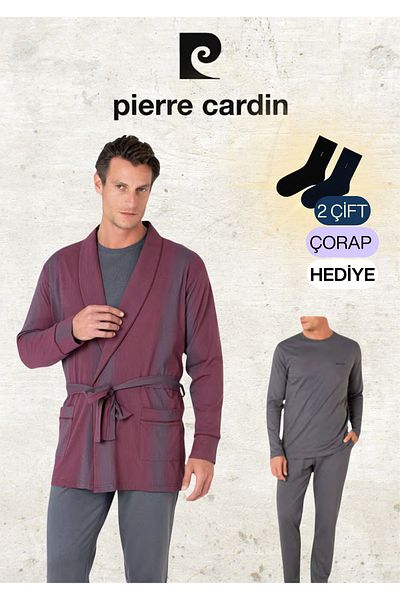 Pierre Cardin Men's 100% Cotton Robdöşambr & Long Sleeve Combed Cotton Pajama Set Set Ol.Pc.5635.02