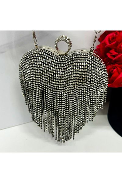 FashionForYou Second-hand bag, Glimmer, Black, heart-shaped, with rhinestones and metallic details, Silver chain