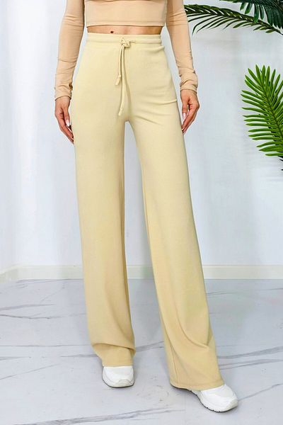 FashionForYou Dari casual pants, flared, with elastic band and drawstring at the waist, Cream, L