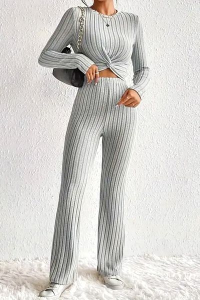 FashionForYou Wayana casual knit look set, long sleeve blouse and stretch pants, Grey, M
