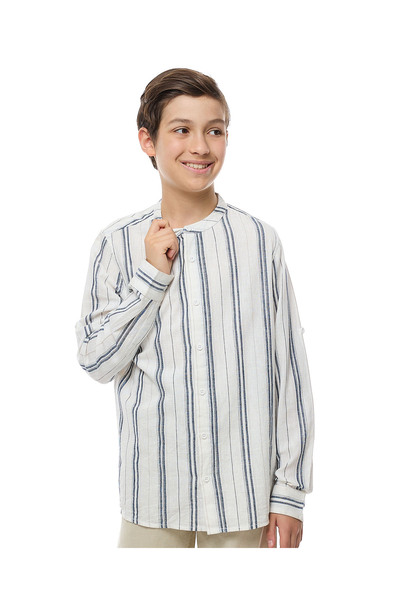 R&B Striped Shirt with Mandarin Collar and Long Sleeves
