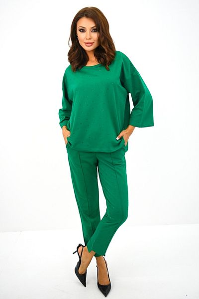 FashionForYou Radiant Pair women's set, pants and loose blouse with applied stones, Green, M
