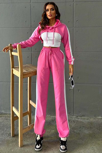 FashionForYou Bold Comfort three-piece tracksuit, cropped sweatshirt, matching top and side-stripe pants, Pink, L