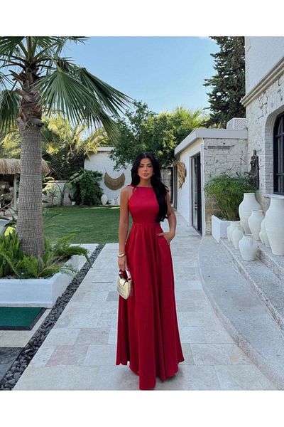 Eyyo Long red satin dress with pockets and backless - M