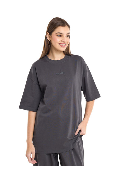 R&B Print Detail Oversized T-Shirt with Crew Neck and Short Sleeves