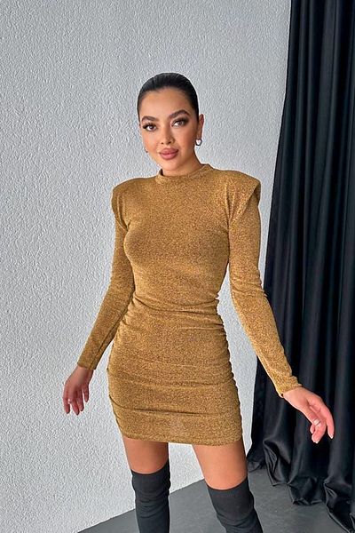 FashionForYou MiraBELL elegant dress, bodycon and oversized shoulder cut, Gold, M