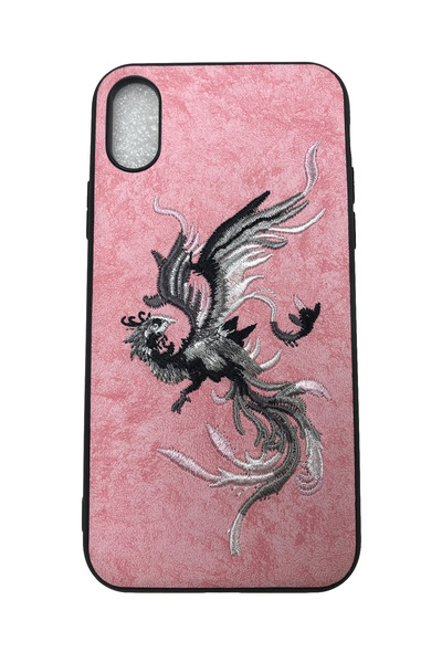 OEM Θήκη συμβατή με iPhone X XS, κεντημένο φοίνικα σε απομίμηση δέρματος, ροζ