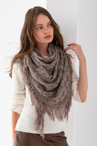 VEGA MODA Eșarfă triunghiulară pentru femei – tricotată cu modele și cu ciucuri, șal triunghiular cu modele tricotate