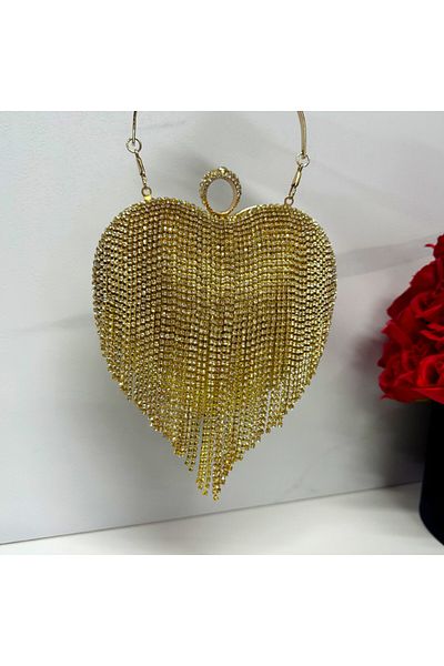 FashionForYou Second-hand bag, Glimmer, Gold, heart-shaped, with rhinestones and metallic details, Gold chain
