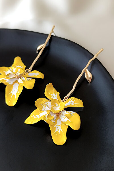 COSİTA Sarı Çiçek Sallantılı Yaprak Detaylı Marka Model Vintage Uzun Büyük Küpe