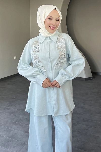 EL jadida Women's Embroidered Linen Plus Size Double Suit