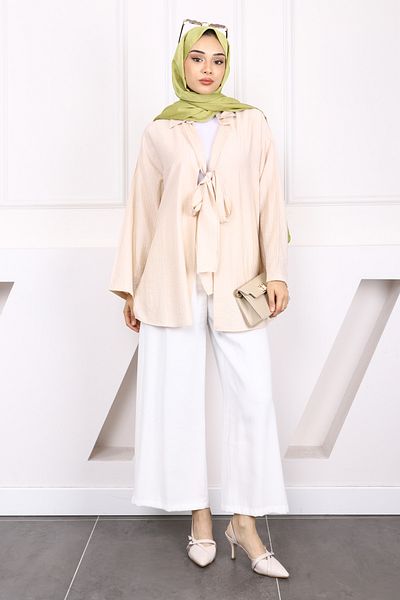 İmajButik Beige Front Tie Modal Kimono