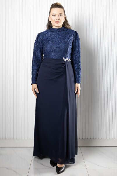 SUBU TASARIM Dantel Şifon Taş Aksesuarlı Büyük Beden Tesettür Abiye Elbise TSB958