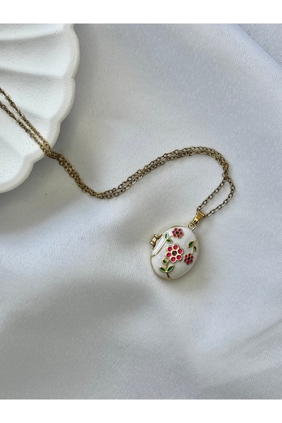Silya Bijuteri Çelik Oval Madalyon Kolye – Çiçek Desenli Ekru Zemin
