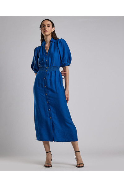 R&B Solid Shirt Dress with Puff Sleeves