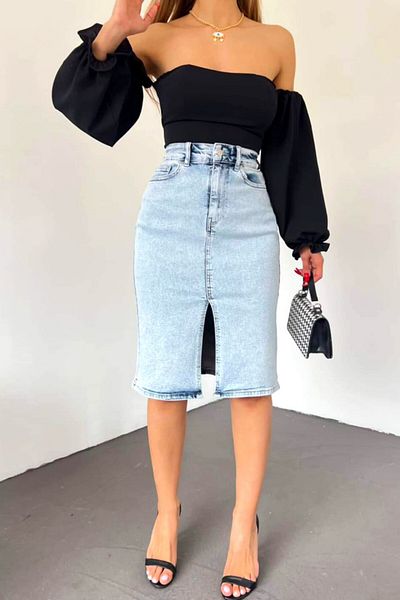 FashionForYou Denim midi skirt, Tamera, with front/back pockets and front slit, Light blue, 32