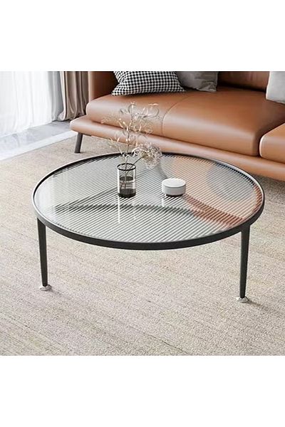 Raffine Piece Low Circle Minimalist Center Table Home Decor Insert Glass Top Metal Frame Coffee Table Sofa