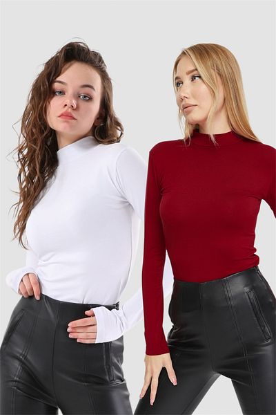 LAENT Women's White Burgundy Stand Collar 2-Piece Bodysuit