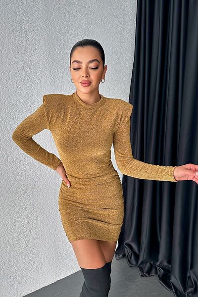 FashionForYou MiraBELL elegant dress, bodycon and oversized shoulder cut, Gold, M