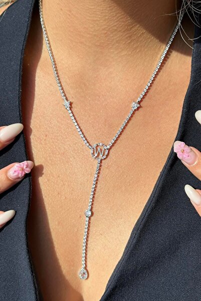 TAKIŞTIR Silver Color W Letter Figured Stone Detailed Steel Y Necklace