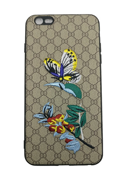 OEM Husă compatibilă cu iPhone 6 Plus, fluture brodat pe imitație de piele, crem