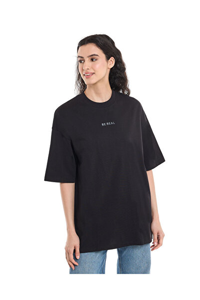 R&B Printed Oversized T-Shirt with Crew Neck and Short Sleeves