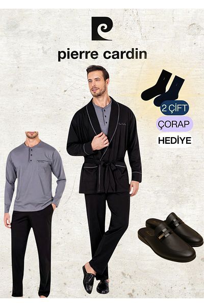 Pierre Cardin 100% Cotton Black Robdöşambr & Long Sleeve Combed Cotton Pajama Set & Leather Slippers (2 Gift Socks)