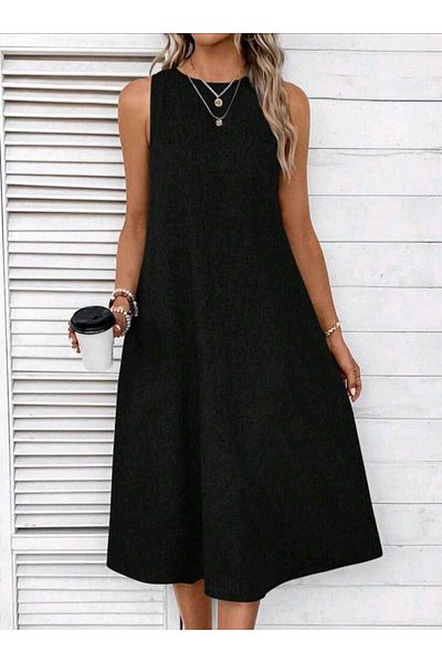 PLA STORE Linen Black Long Dress