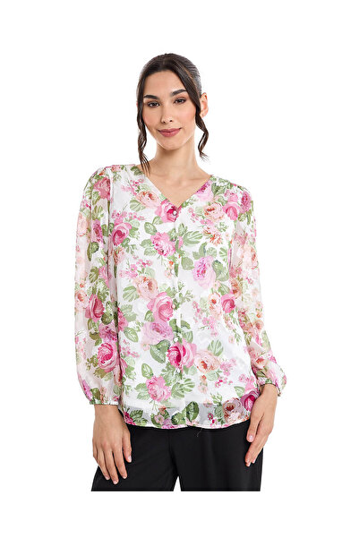 R&B Floral Print Top with V-Neck and Puff Sleeves