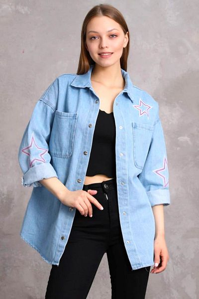 FashionForYou Trixa long denim jacket, shirt cut and handcrafted applications, Light blue, S