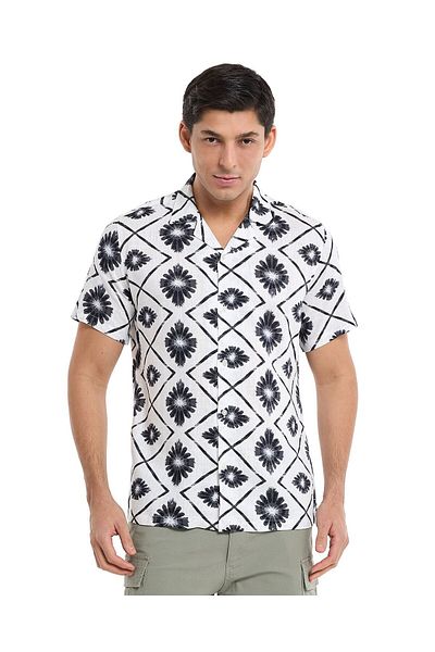 R&B Printed Shirt with Revere Collar and Short Sleeves