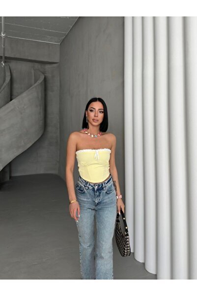 Slassy Wear Butter Yellow Strapless Crop Blouse with Front Tie