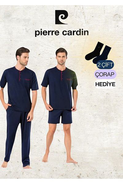 Pierre Cardin Men's Clothing 3 Piece Combed Cotton 100% Cotton Navy Blue Pajamas Set (2 Gift Socks) Ol.Pc.5370.001