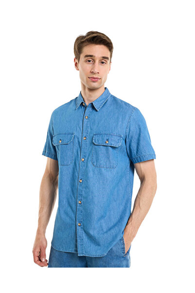 R&B Pocket Detail Denim Shirt with Classic Collar and Short Sleeves