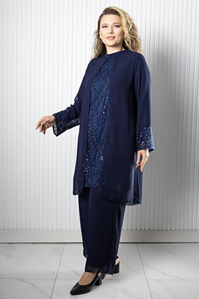 SUBU TASARIM Chiffon Sandy Stone Embroidered Plus Size Hijab Evening Dress Blouse Pants Suit Tbs962