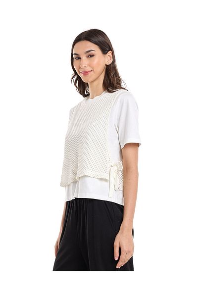 R&B Knitted Layered Top with Crew Neck and Short Sleeves